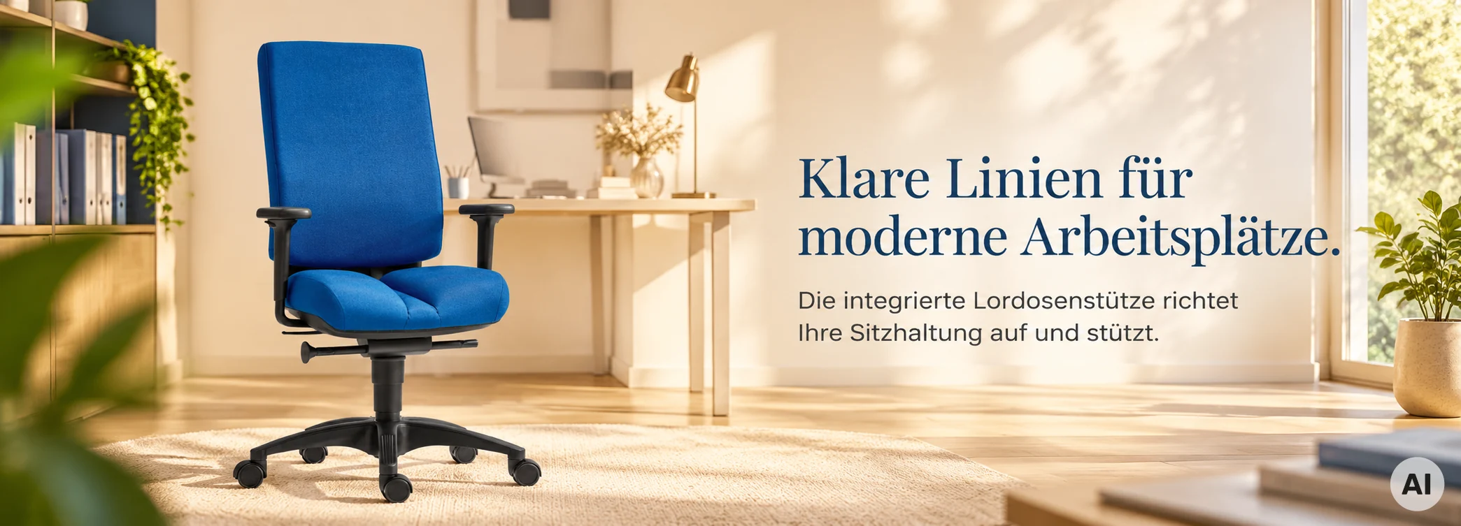 Blauer Bürostuhl mit Homeoffice Hintergrund