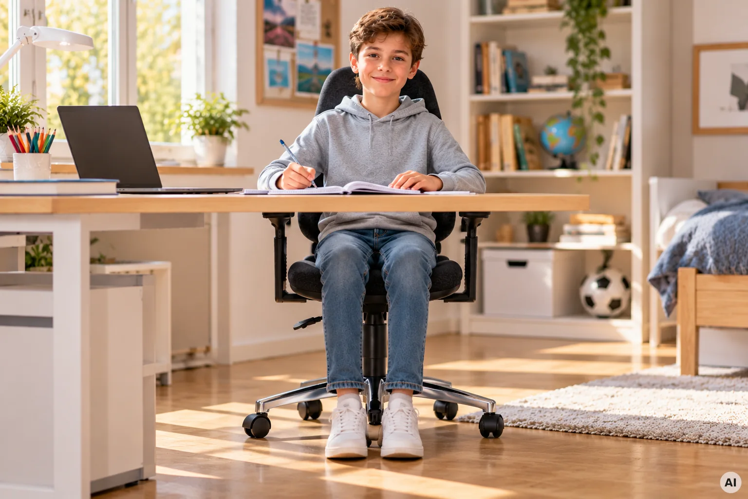 Junge lernt an einem Schreibtisch auf einem ergonomischen Kinderbürostuhl mit Rückenlehne