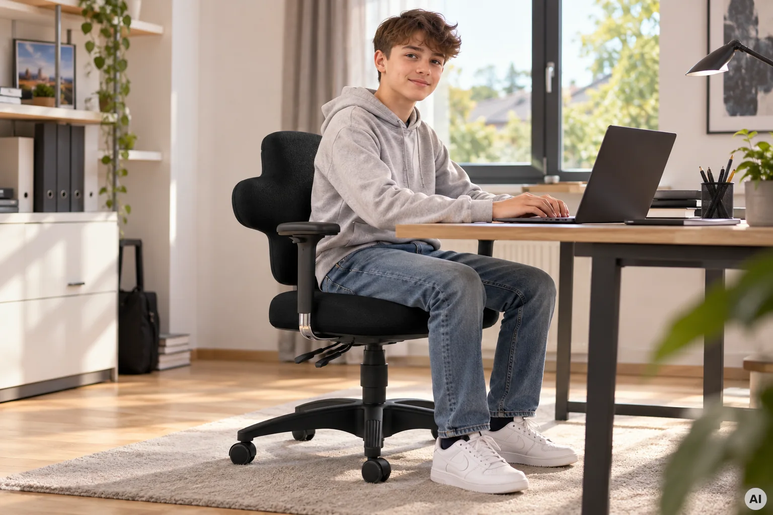Jugendlicher am Schreibtisch auf einem ergonomischen Bürostuhl mit niedriger Rückenlehne für kleinere Personen
