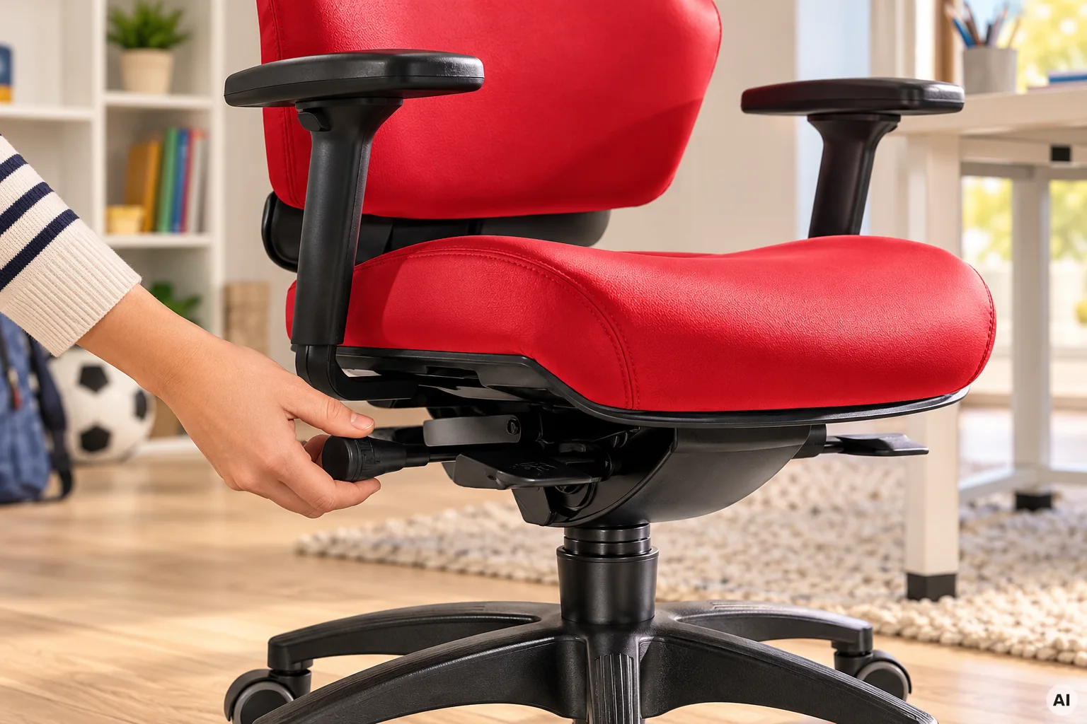 Detail einer Bürostuhl-Verstellmechanik mit Bedienhebel zur ergonomischen Einstellung des Kinderbürostuhls