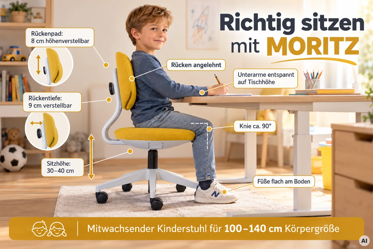Ergonomisch richtig sitzen auf dem SITWELL Moritz Kinderschreibtischstuhl mit Sitzhöhe, Rückenpad und Knieposition