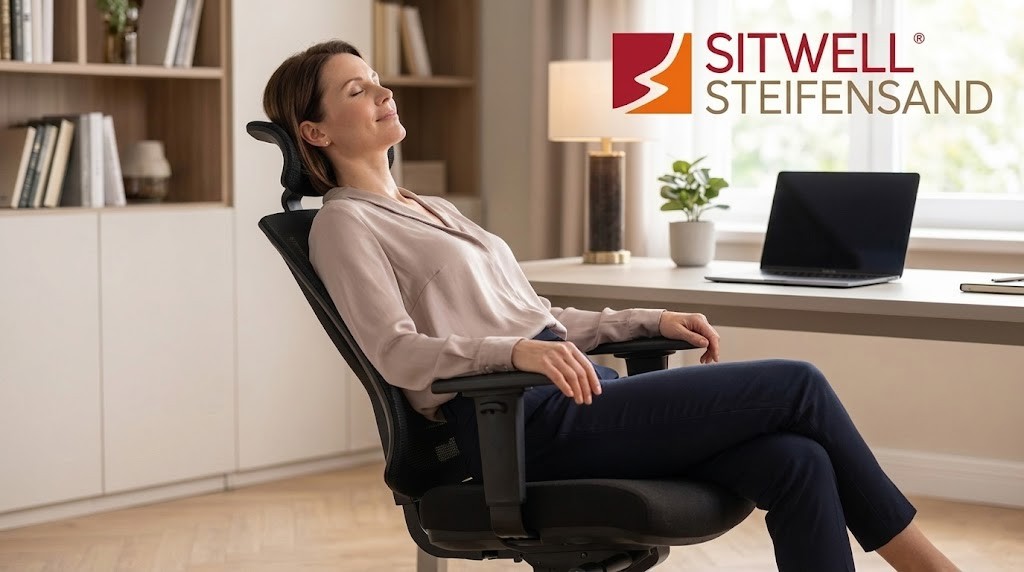 Frau entspannt in schwarzem SITWELL STEIFENSAND ergonomischem Bürostuhl im hellen Home-Office
