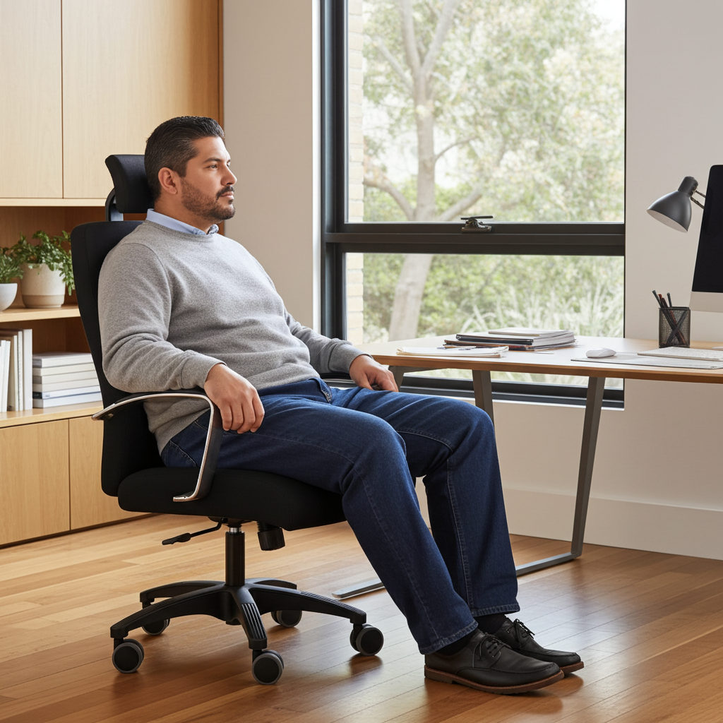 Ein schwerer Mann auf einem schwarzen XXL Bürostuhl