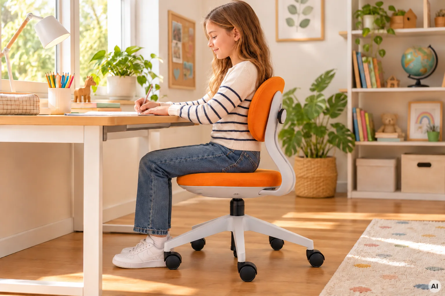 Mädchen auf einem ergonomischen Kinderschreibtischstuhl am Schreibtisch mit abgestütztem Rücken