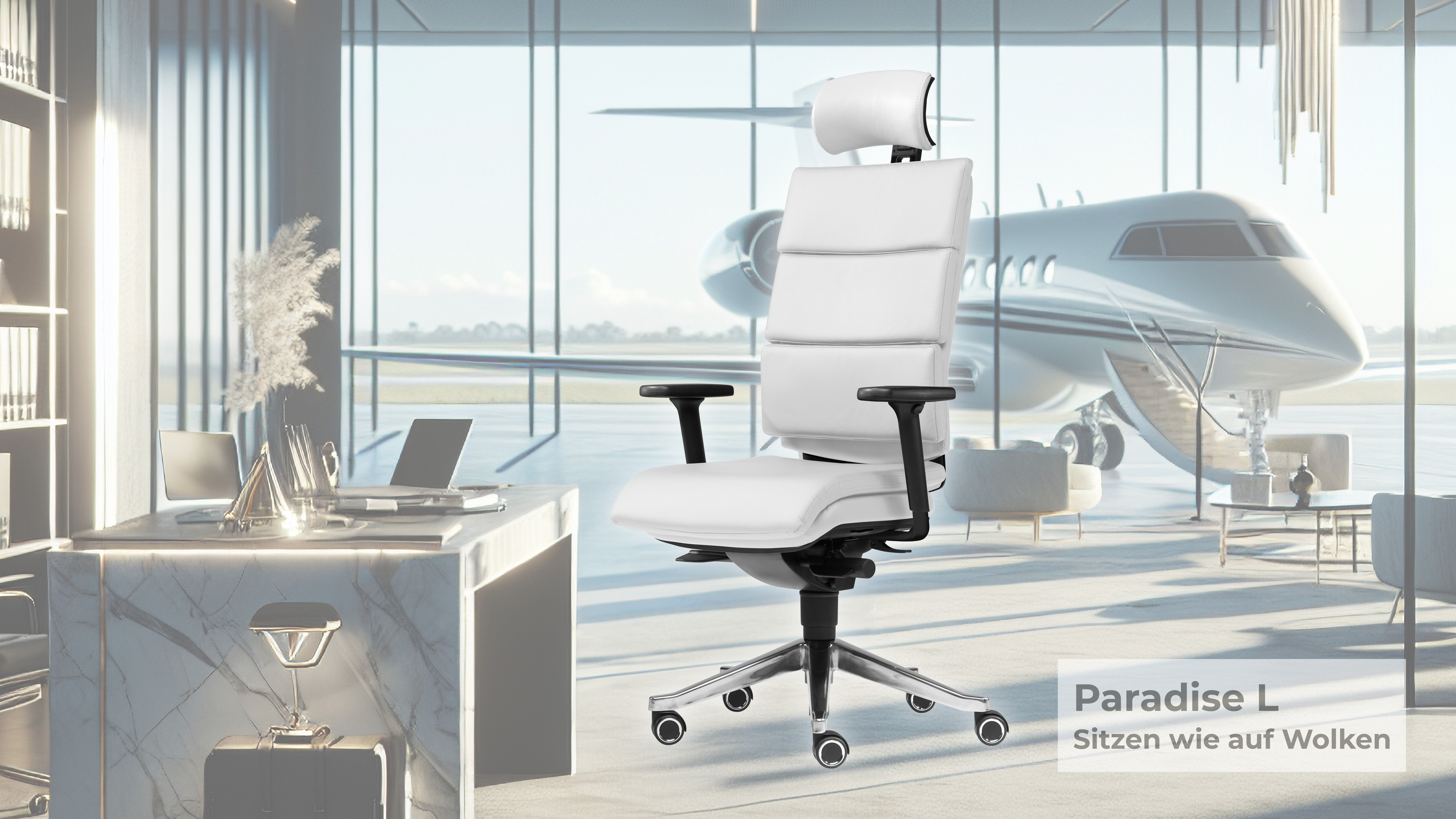 Heller Arbeitsplatz mit weißem Schreibtisch, ergonomischem Bürostuhl und großem Fenster mit Stadtblick